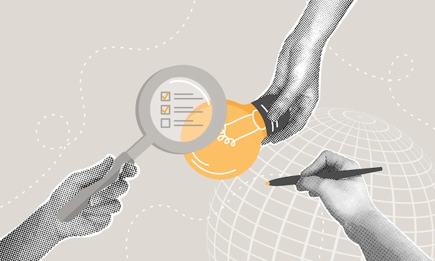 Collage a mezza tonalità di tendenza Conceptualizzazione di un'idea convalida di una idea con ricerche di mercato