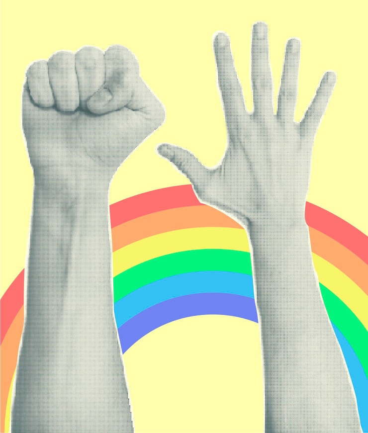 Vettore collage alla moda con forme di ritaglio di gesti delle mani simbolo vincere come punk grunge mezzitoni retro banner poster design concetto di protesta confronto orgoglio lgbt mese illustrazione vettoriale