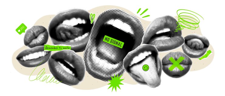 Collage artistico con bocche a mezzitoni ed elementi verdi Strutture grunge in stile rivista Composizione con labbra femminili sorriso bacio urlo bocca con lingua Concetto di creatività idee poster