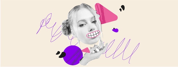 Collage carino con un viso e una mano in uno striscione punk in stile mezzitoni con illustrazione astratta