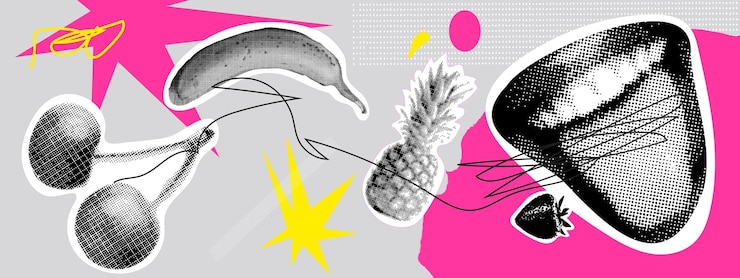 Vettore collage con bocca bacche frutta e forme astratte con consistenza illustrazione minimalista