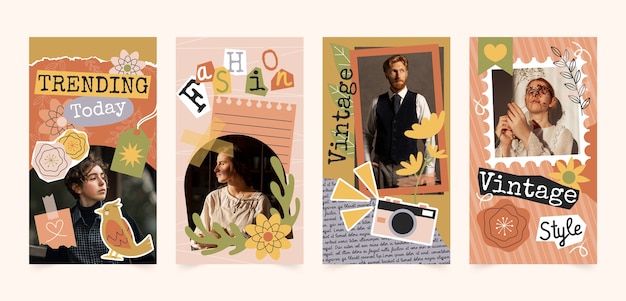 Collage vintage piatto collezione di storie Instagram