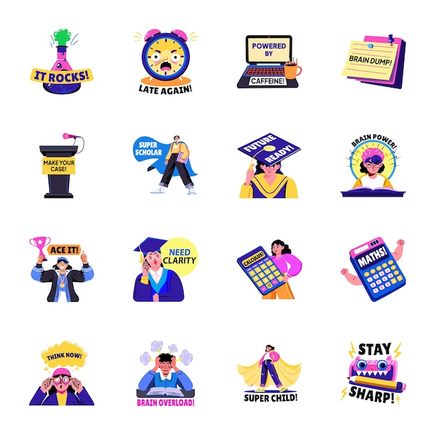 collection of flat style school fun stickers