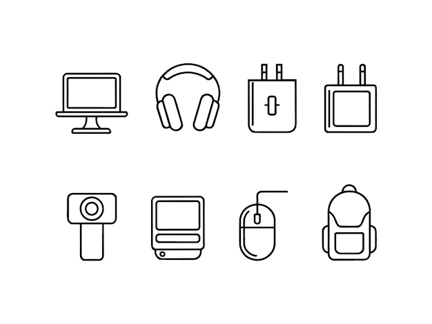 Collection of Line Icons Computer Headphones Chargers and Gadgets