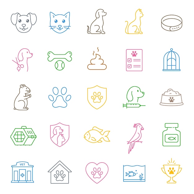 Collection of pet icons and accessories Vector outline symbols