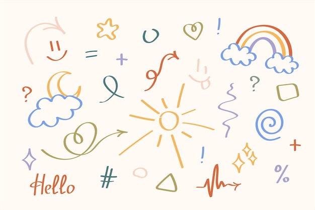Collezione astratta vettoriale di divertenti e colorati scarabocchi linea di doodle di illustrazione vettoriale carino
