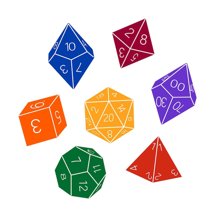 Vettore collezione colorata di dadi su sfondo bianco disegnato a mano d8 d10 d12 d20 gioco da tavolo dadi rpg