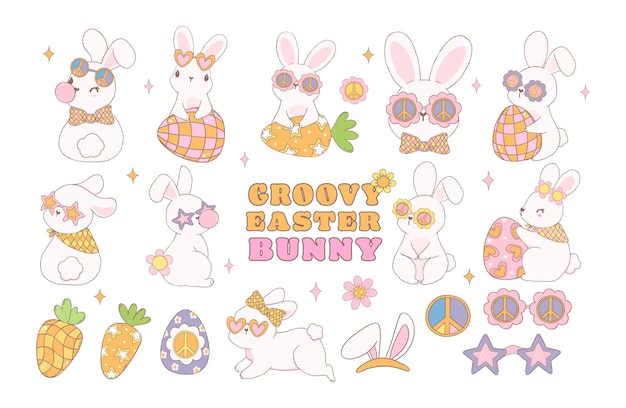 Collezione Cute Groovy Easter Bunny Set di disegni a mano di animali di cartoni animati giocosi