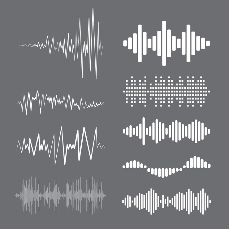 Vettore collezione d'onda di musica bianca su sfondo grigio insieme vettoriale di loghi audio isolati simboli dell'equalizzatore dei lettori di impulsi elementi di design del suono