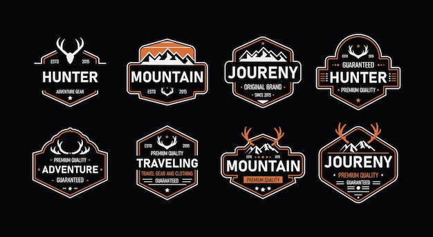 Collezione dettagliata di logo con temi di avventura in montagna e caccia in un modello di stile vettoriale minimo per scopi di progettazione