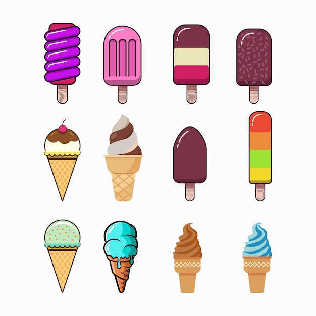 Collezione di 12 illustrazioni vettoriali di gelati isolati su bianco