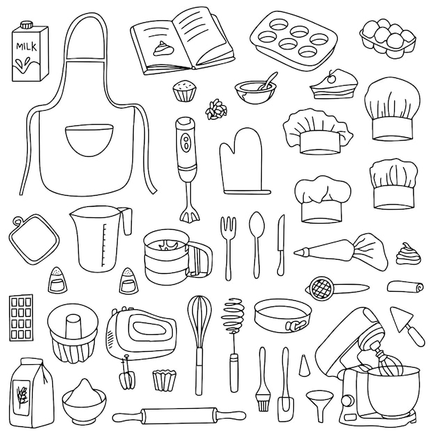 Collezione di accessori per la cottura Set di utensili da cucina in stile doodle su uno sfondo bianco Illustrazione vettoriale