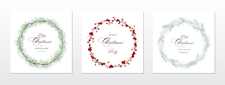 Collezione di acquerelli di carte quadrate di buon Natale e inverno. Bouquet di bacche di agrifoglio e rami di pino ghirlanda acquerello dipinto a mano. Adatto per la progettazione di carte, inviti di Capodanno.