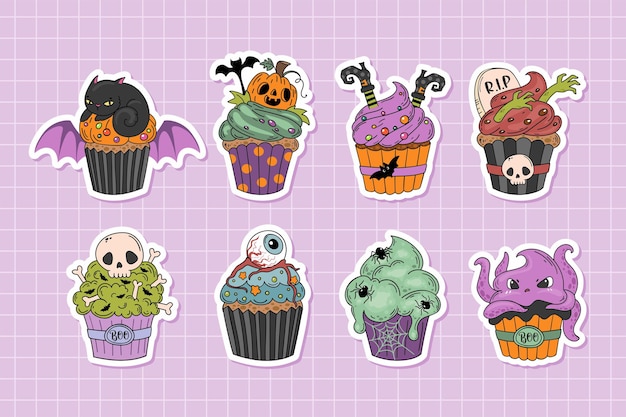 Collezione di adesivi di personaggi dei cartoni animati di cupcakes di halloween carino in stile disegnato a mano