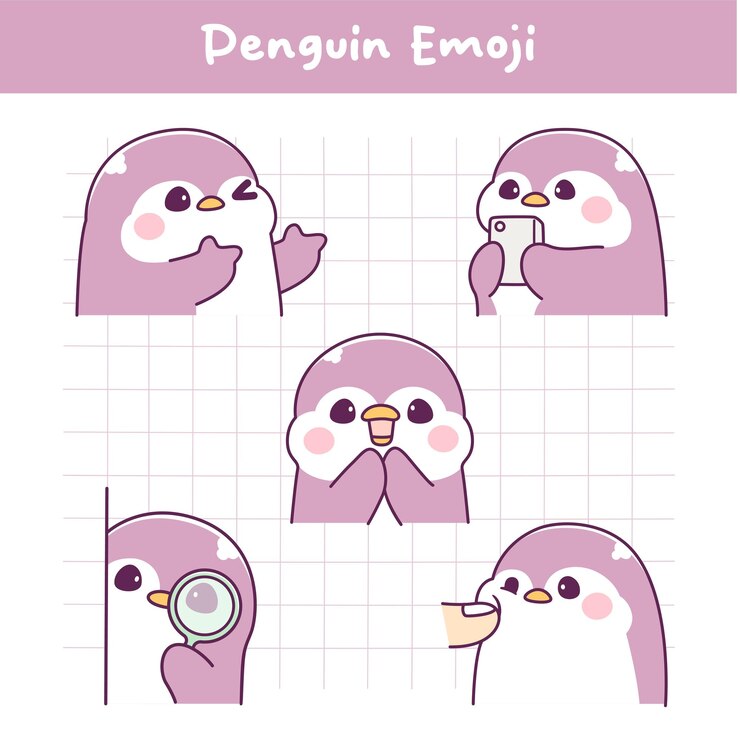 Vettore collezione di adesivi emoji per le espressioni facciali dei pinguini kawaii