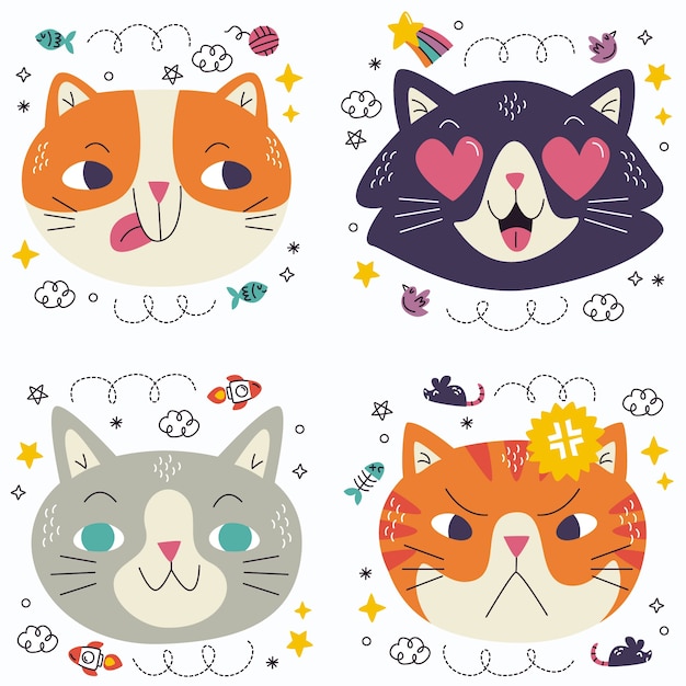 Collezione di adesivi emoticon gatto Doodle
