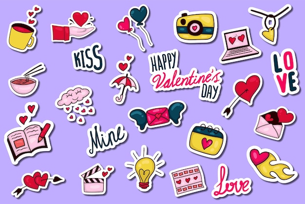 Collezione di adesivi San Valentino disegnati a mano colorati