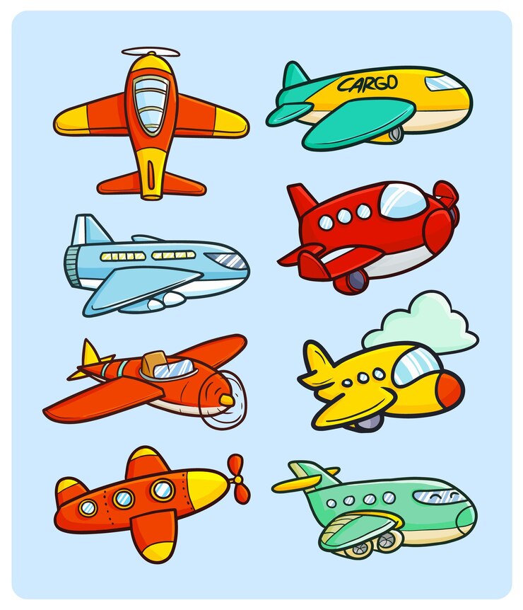 Collezione di aeroplani divertenti e carini in stile doodle kawaii
