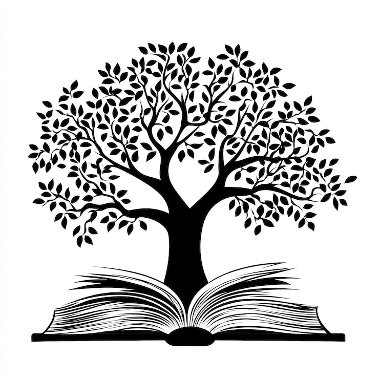 Vettore collezione di alberi con un libro aperto silhouette vettoriale semplice e pulita nera