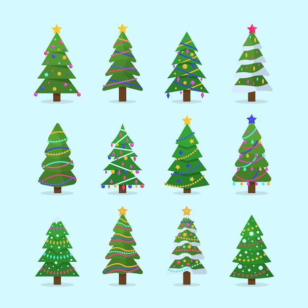 Collezione di alberi di Natale in design piatto. Albero di simbolo tradizionale di Natale e Capodanno con ghirlande, lampadina, stella.