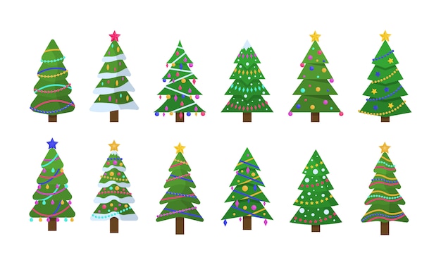 Collezione di alberi di Natale in design piatto per biglietti di auguri, inviti, banner, web design. Albero di simbolo tradizionale di Natale e Capodanno con ghirlande, lampadina, stella. Vacanze invernali. .