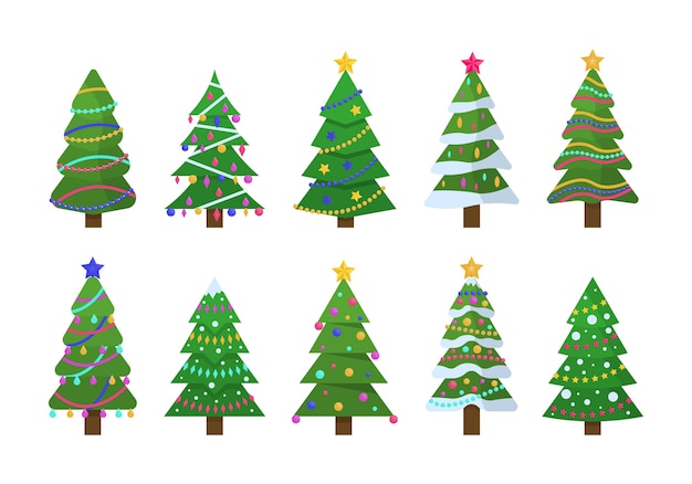 Collezione di alberi di Natale in design piatto per biglietti di auguri, inviti, banner, web design. Albero di simbolo tradizionale di Natale e Capodanno con ghirlande, lampadina, stella. Vacanze invernali.