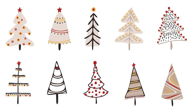 Collezione di alberi di Natale invernali disegnati a mano Scarabocchi stravaganti Alberi di Capodanno rossi e beige Set di vacanze Cartoon Clipart