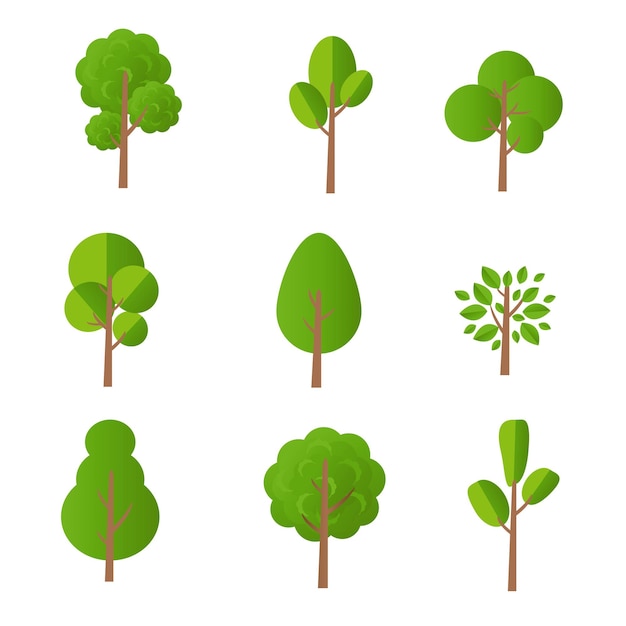 Collezione di alberi verdi isolati con sfondo bianco, illustrazione vettoriale