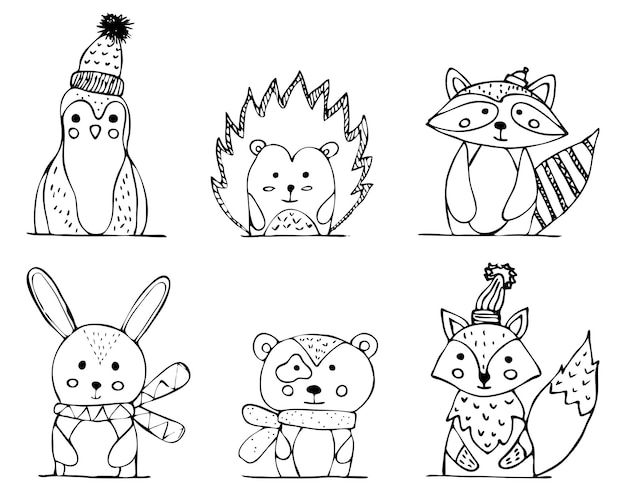 Collezione di animali della foresta in stile scandinavo disegnati a mano. Baby, simpatici animali lepri e orsi, oltre a scarabocchi di volpe, riccio, procione e pinguino