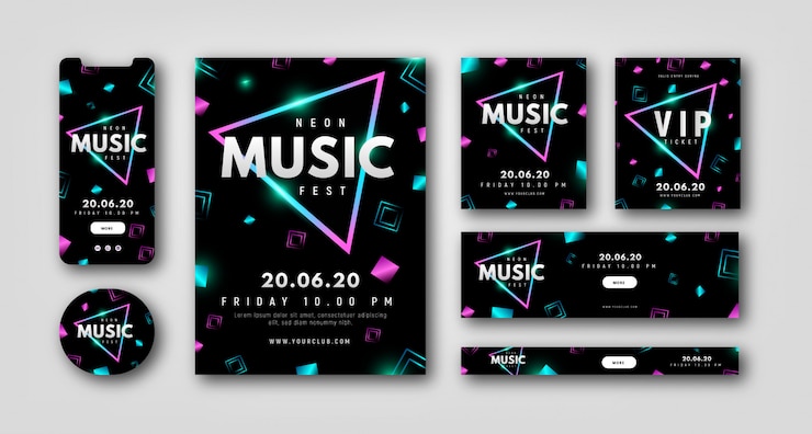 Collezione di articoli di cartoleria per eventi musicali.