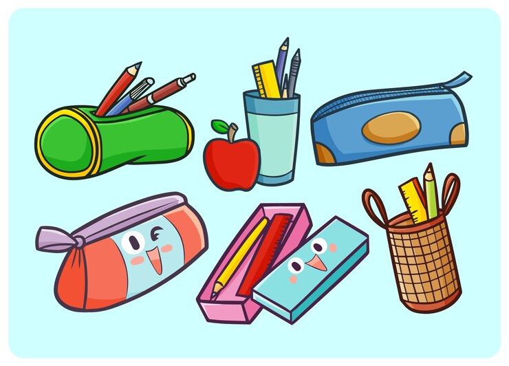 Collezione di astucci divertenti e carini in stile doodle kawaii
