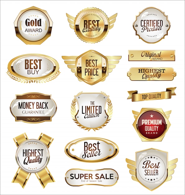 Collezione di badge d'oro ed etichette in stile retrò