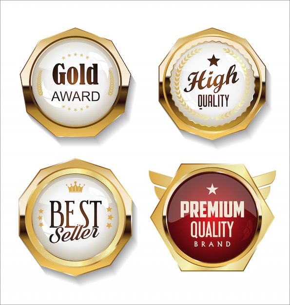 Collezione di badge d'oro ed etichette in stile retrò