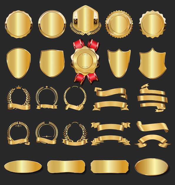 Collezione di badge d'oro etichette scudi di allori e piastre di metallo