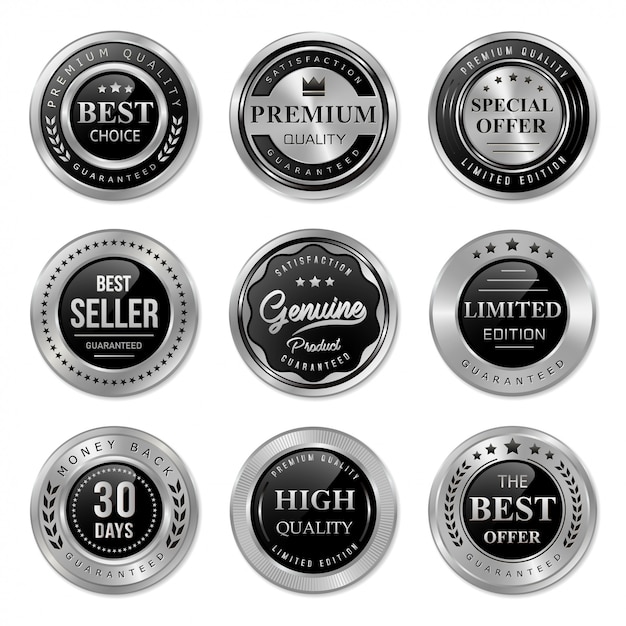Collezione di badge ed etichette in metallo nero e argento