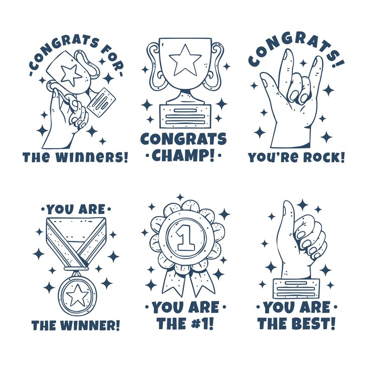 Collezione di badge etichetta disegnata a mano congratulazioni