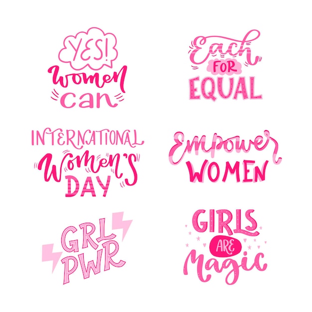 Collezione di badge lettering per la giornata internazionale della donna disegnata a mano