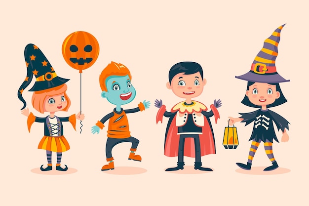 Collezione di bambini di halloween disegnata a mano