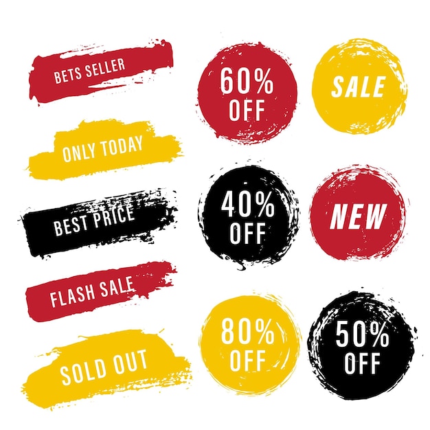Collezione di banner di etichette inchiostro pennello tratto vendita adesivi e tag sconto stile grunge