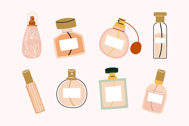 Collezione di bellezza di bottiglie piatte disegnate a mano di illustrazione di elementi di profumo