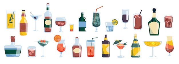 Collezione di bevande alcoliche Menu bar e ristorante con cocktail e vino whisky e rum vermouth