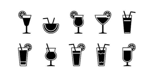 Collezione di bicchieri da cocktail silhouette con fette di limone e cannucce icone di bevande da cocktail
