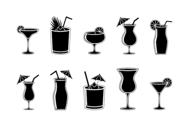 Collezione di bicchieri da cocktail silhouette con fette di limone e cannucce per bevande estive