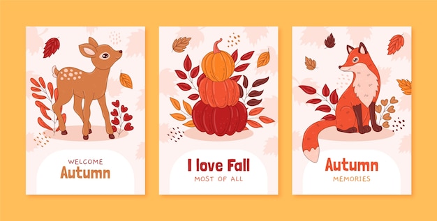 Collezione di biglietti di auguri disegnati a mano per la stagione autunnale
