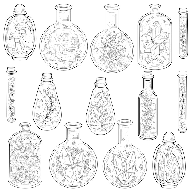 Collezione di bottiglie di pozioni mistiche con elementi botanici e occulti