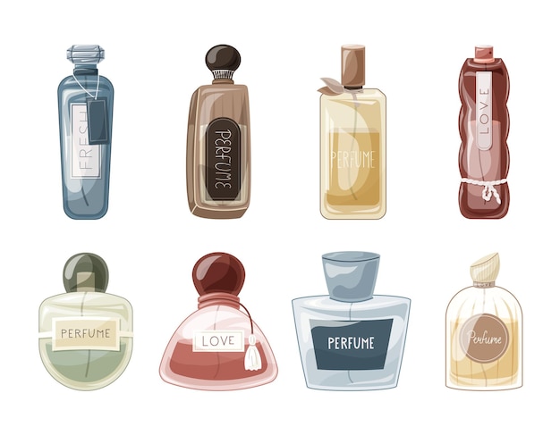 Collezione di bottiglie di vetro eleganti di profumo profumato set vettoriale di eau de parfum cartone animato