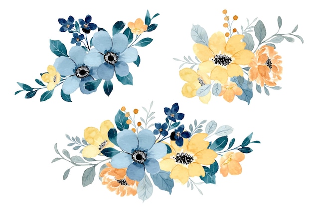 Collezione di bouquet floreale blu giallo con acquerello