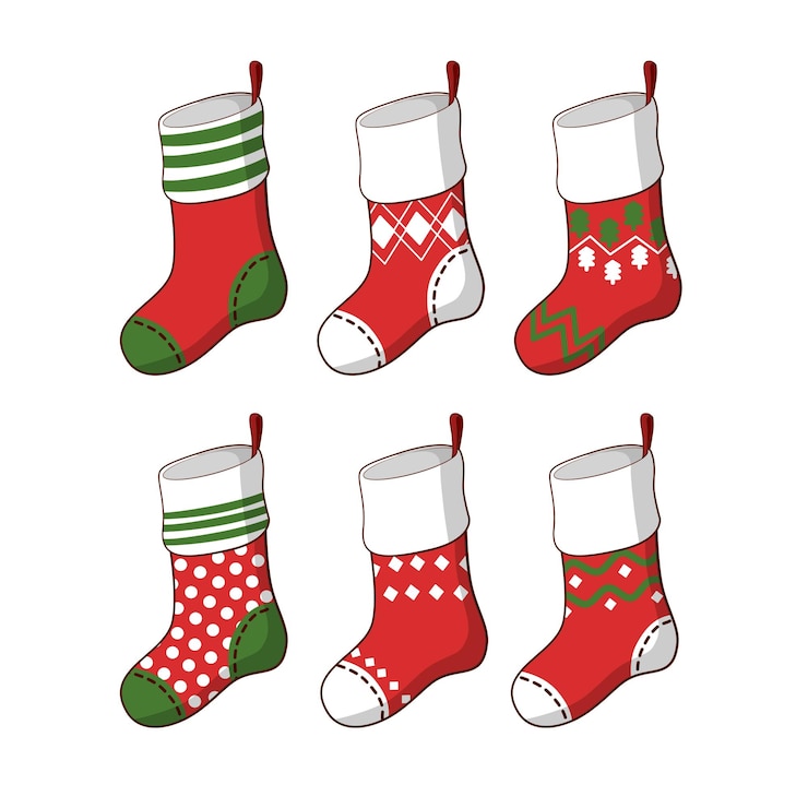Vettore collezione di calze di natale. calzini invernali da babbo natale per i regali.