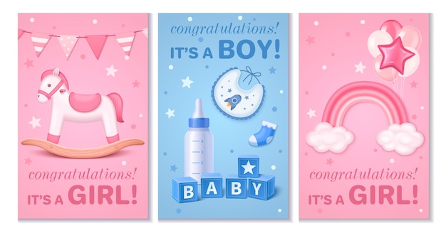 Collezione di carte di baby shower realistiche per ragazzi e ragazze con giocattoli per bambini
