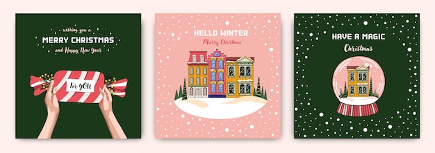 Collezione di cartoline di Natale Simpatici biglietti d'auguri con una palla di neve, una città invernale e un regalo
